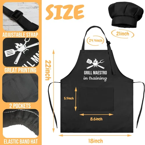 Miniatura 2 de Juego de delantal y sombrero de chef para niños, divertido delantal de entrenamiento con 2 bolsillos para niños y niñas Negro