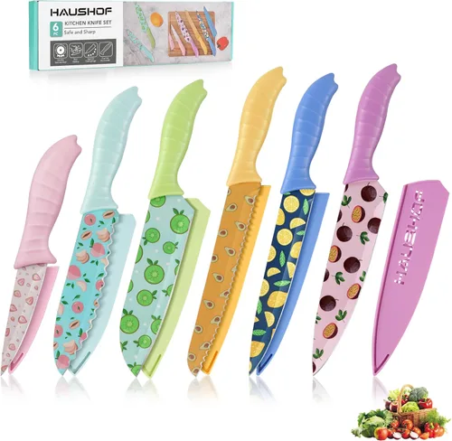 Miniatura 12 de HAUSHOF Juego de cuchillos de cocina, juego de 12 cuchillos coloridos con 6 fundas para cocina, cuchillas de acero inoxidable con revestimiento