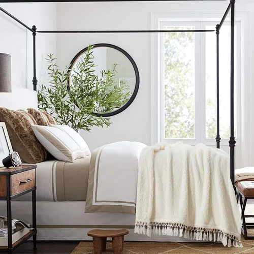 Miniatura 6 de Manta de sherpa ultra suave y acogedora, ligera y cálida, manta decorativa con borla, patrón sólido blanco antiguo, manta reversible estilo bohemio