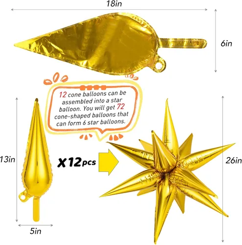 Miniatura 5 de 72 unidades de globos de estrella, grandes globos de cono de estrella metálicos de 26 pulgadas, globos de papel de aluminio de explosión colorida