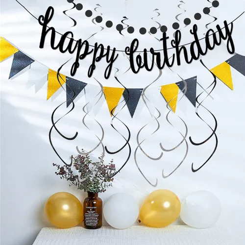 Miniatura 3 de Kit de decoración de pancarta negra de feliz cumpleaños, guirnalda de puntos circulares con espirales colgantes negros y plateados para cumpleaños