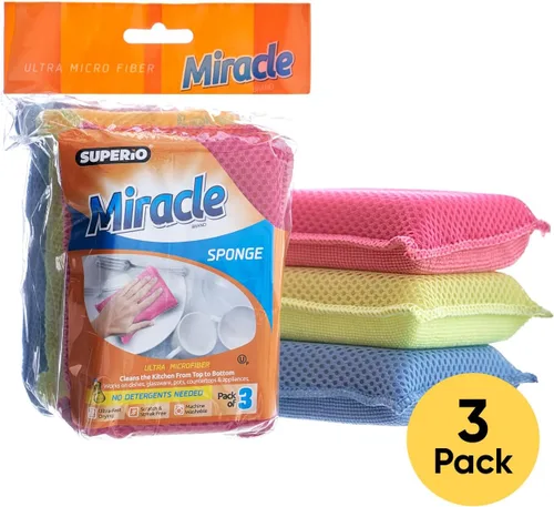 Miniatura 2 de Superio Miracle - Esponjas de microfibra para cocina, paquete de 3 unidades, rojo, amarillo y azul, esponja kosher antiarañazos, limpieza multiusos