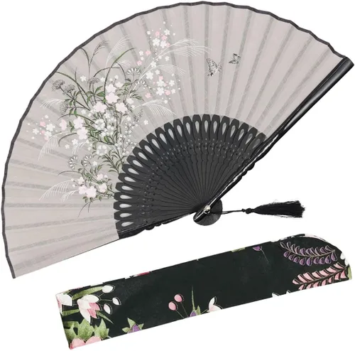 Miniatura 14 de OMyTea, abanico desplegable con motivo de flores de yuyos (8.27 pulgadas - 21 centímetros) con funda de tela para protección, estilo chino/japonés