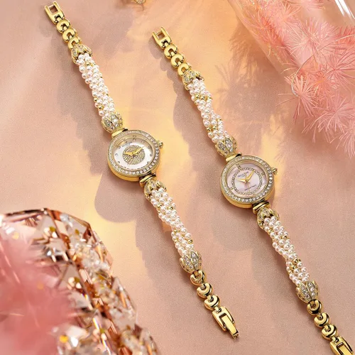 Miniatura 3 de Reloj de pulsera de oro para mujer, correa de cadena de perlas giratoria, esfera deslumbrante, impermeable, regalo para mujer R0262JF