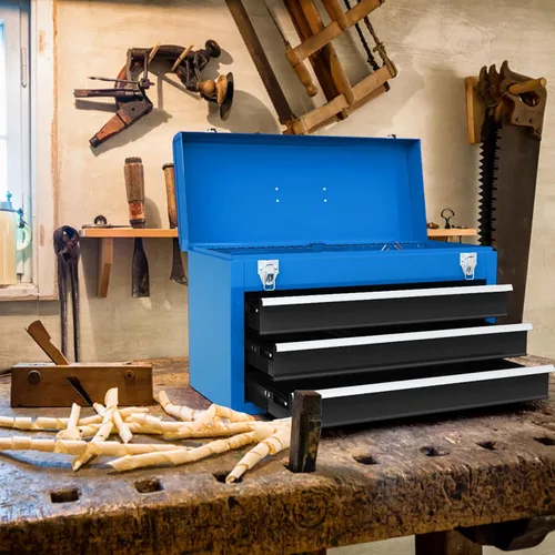 Miniatura 8 de Goplus - Caja de herramientas con 3 cajones, organizador de 4 niveles de 52 cm, caja de herramientas portátil con bandeja superior, cerradura Azul