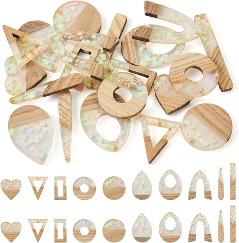 Miniatura 15 de Beadthoven 60 piezas Kit de Dijes de Madera de Resina Colgantes para Hacer Aretes Dijes Dorados para Aretes DIY Boho Piezas en Blanco de Madera