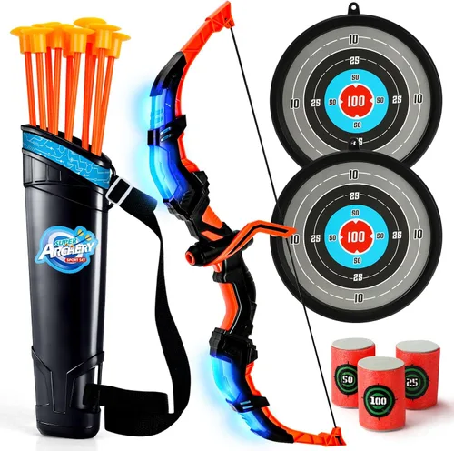 TOY Life Arco y flecha de juguete para niños 4 6 8 12, juego de arco y flecha para niños con luz, juego de arcos de tiro para niños con objetivos,