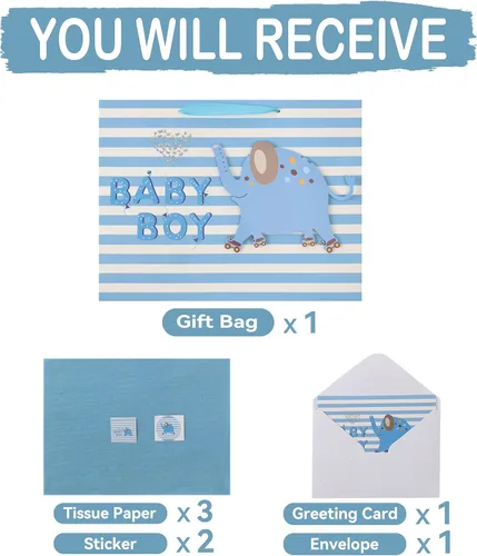 Miniatura 3 de Set de bolsa de regalo extra grande de 16.5” para bebé niño con asas, tarjeta de felicitación, papeles de seda azules y pegatinas para niños