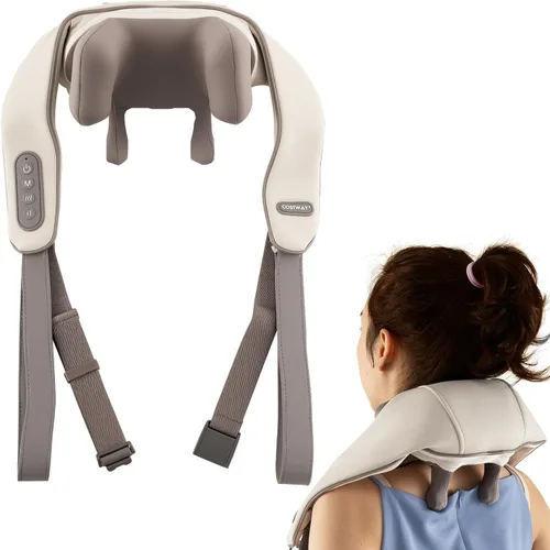 COSTWAY Masajeador de cuello y hombros con calor, máquina shiatsu de amasado de tejido profundo 4D para aliviar el dolor, almohada masajeadora