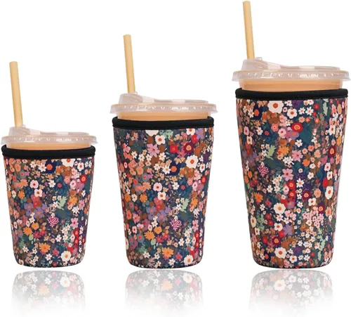 Miniatura 32 de Funda aislante reutilizable para taza de café helado, paquete de 3 fundas de neopreno para bebidas frías y calientes, soporte para bebidas para café