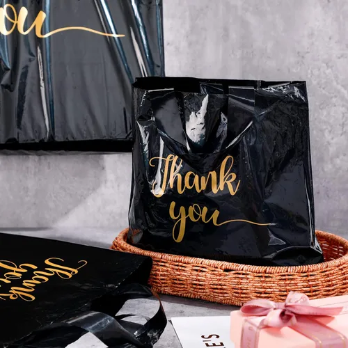 Miniatura 7 de Teling 200 piezas de bolsas de agradecimiento con asas al por mayor, bolsas de mercancía con texto "Thank You" (Agradecimiento) en 3 tamaños, Negro