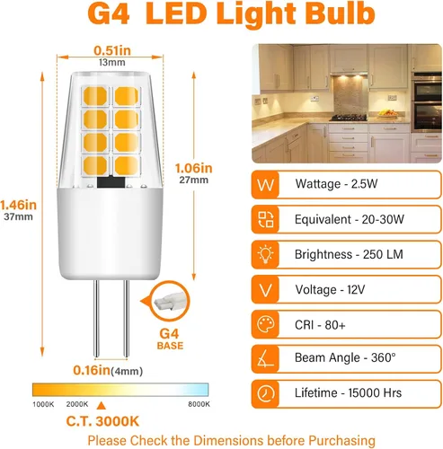 Miniatura 2 de TJOY Bombilla LED G4, Bombillas de Luz de Paisaje de 12V, Repuesto de Bombilla Halógena T3 G4 de 20W-30W, Blanco Cálido 3000K, 2.5W 250LM G4 Base
