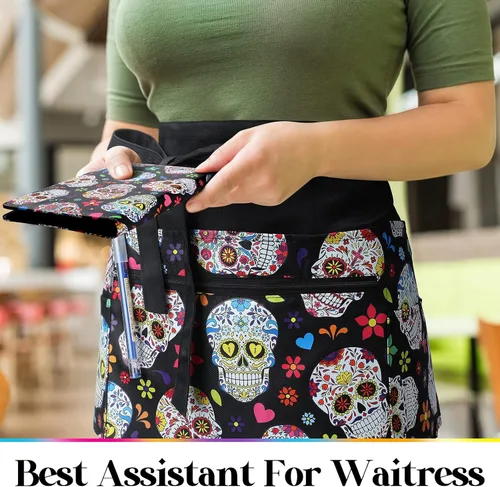 Miniatura 4 de Jetec 2 Pcs Waist Apron with 6 Pockets and Leather Server Book for Waitress Patterned Server Half Apron with Zipper for Women