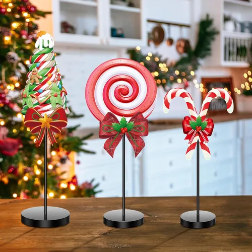 Miniatura 5 de Geetery 3 piezas de decoración de mesa de dulces de Navidad rojo y verde, centros de mesa de Navidad, letreros de madera, decoración de mesa