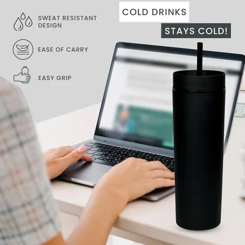 Miniatura 2 de SKINNY TUMBLERS - Paquete de 4 vasos de acrílico color pastel mate con tapa y popote, perfecto para el hogar, fiestas, viajes, vaso de plástico Negro