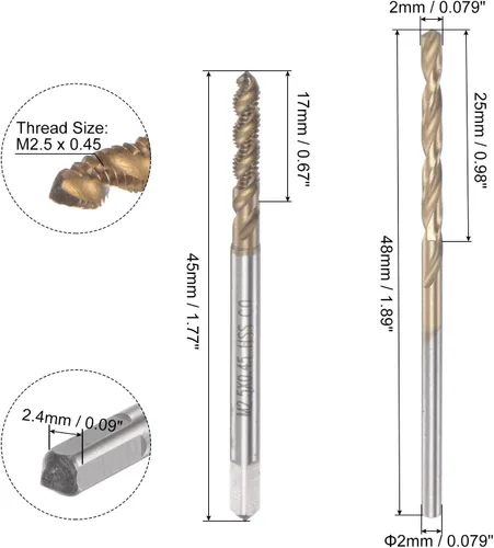 Miniatura 2 de HARFINGTON Juego de grifos y brocas, M2.5 x 0.45 rosca de tornillo máquina espiral flauta roscado y broca de 0.079 in, acero de alta velocidad