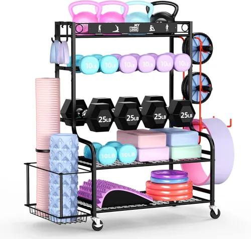 Miniatura 9 de Mythinglogic Soporte de pesas para mancuernas, almacenamiento de gimnasio en casa para esterilla de yoga, pesas rusas y equipo de entrenamiento