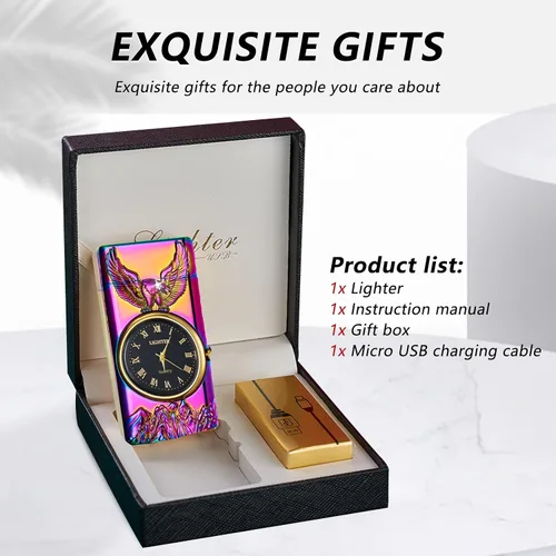 Miniatura 7 de BABOBIU Encendedor eléctrico recargable a prueba de viento USB con esfera de reloj y diseño de águila sin llama para camping, oficina en casa