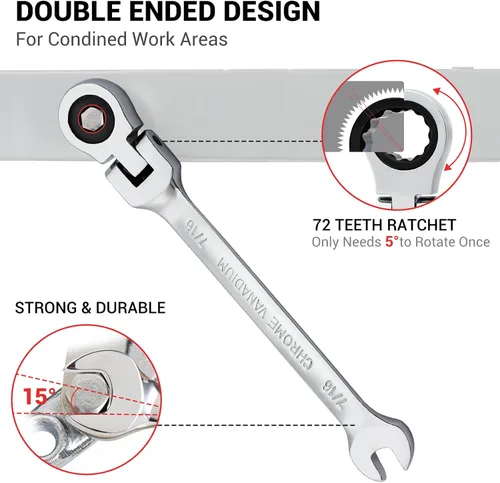 Miniatura 3 de Pilida - Llave combinada de trinquete de 1/2 pulgada, llave de engranajes SAE de 12 puntos, llave de engranajes de cabeza flexible, llave de extremo