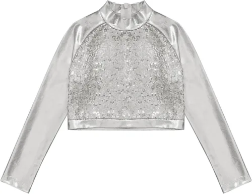 Miniatura 3 de JEATHA Camiseta corta de manga larga con lentejuelas brillantes para niños y niñas, con cuello alto falso, camisetas atléticas de jazz hip-hop