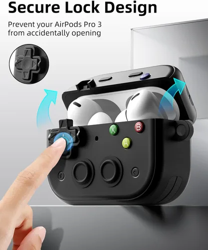 Miniatura 3 de TiMOVO Funda para AirPods Pro 3 (2025) con clip de bloqueo seguro, cubierta protectora a prueba de golpes de concha dura con diseño de consola
