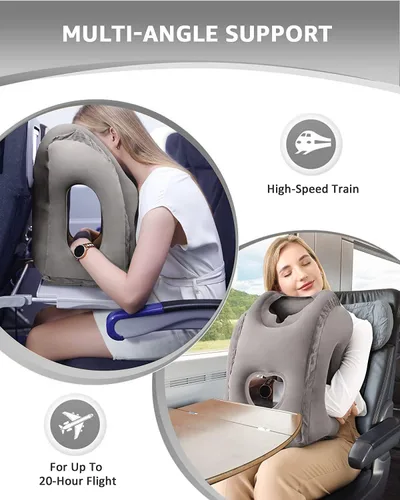 Miniatura 7 de Almohada inflable de viaje mejorada para avión, almohada para cabeza y cuello, fácil de inflar y desinflar almohada de vuelo con válvula súper