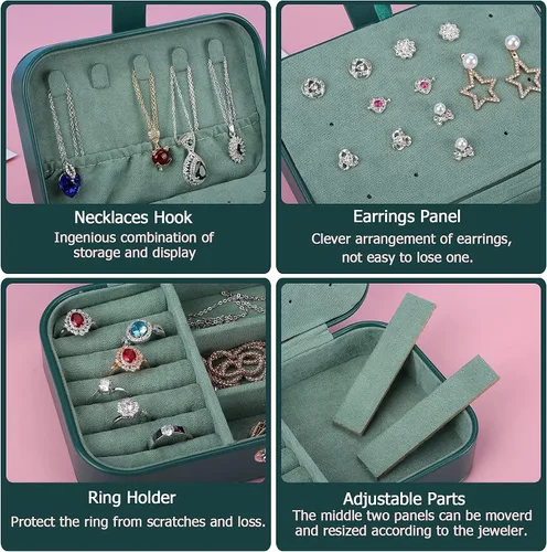 Miniatura 3 de Joyero de viaje, organizador de joyas pequeño de piel sintética para mujeres y niñas, mini estuche de viaje portátil de doble capa, cajas