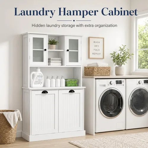 Miniatura 4 de Cesto de Ropa Sucia Alto con Puertas Dobles Abatibles, Gabinetes Grandes de Almacenamiento Extraíbles para Cuarto de Lavado, Gabinete de Baño