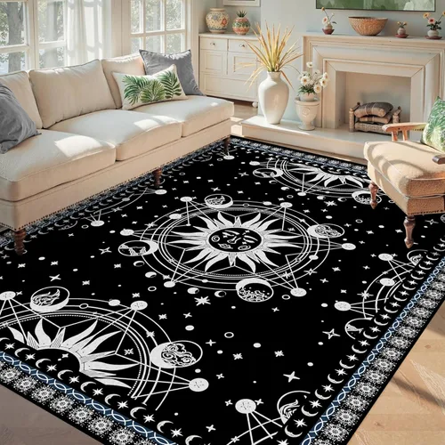 Miniatura 36 de 5' X 7' Alfombra con diseño de sol y luna, alfombras boho celestiales para dormitorio, sala de estar, estilo bohemio, oculto, media luna, solar