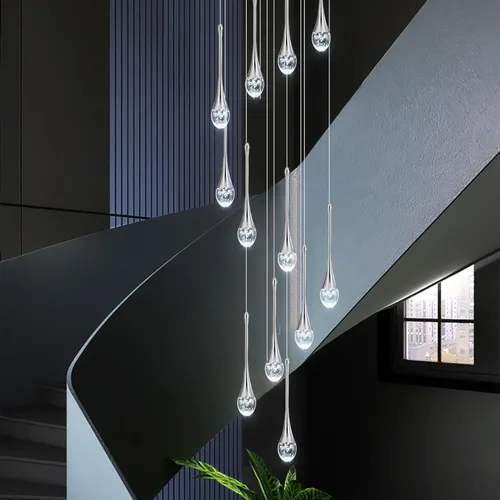 Miniatura 7 de Candelabro moderno de cristal para escalera, cromo pulido, 12 luces, H120 pulgadas, gran techo alto, espiral, regulable, LED, gota de lluvia