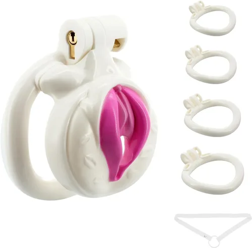 Miniatura 8 de Jaula de castidad masculina ligera ABS + dispositivo de castidad de resina, juguetes sexuales para adultos con 4 tamaños diferentes de anillos, Rosa
