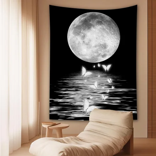 Miniatura 23 de LB Tapiz pequeño de luna llena sobre océano, tapiz de pared de cielo nocturno estrellado, fantasía 3D, arte de pared de luna grande en blanco