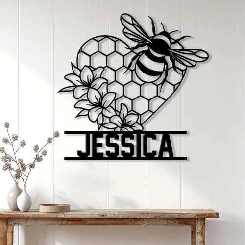 Miniatura 11 de Letrero de metal personalizado de abeja, cartel colgante de abeja de miel, porche de bienvenida al aire libre, valla de pared con nombre