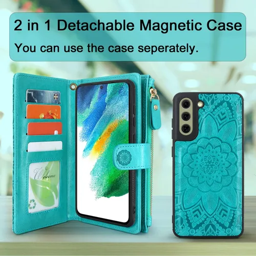 Miniatura 3 de Harryshell Funda de piel desmontable con cremallera magnética con bolsillo para monedas, 12 ranuras para tarjetas, correa de muñeca, cordón