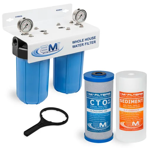 Miniatura 2 de Applied Membranes Inc. Sistema de filtro de agua para toda la casa de 2 etapas, cartuchos de filtro de carbono y sedimentos de 4.5x10 pulgadas