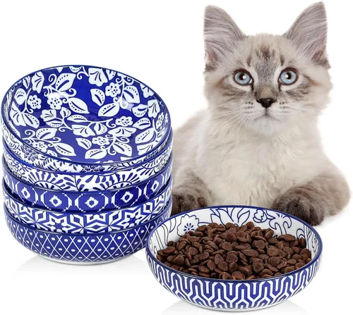 Miniatura 9 de Selamica Juego de 4 cuencos de cerámica para gatos de 5.6 pulgadas de ancho, platos poco profundos para comida y agua, varios