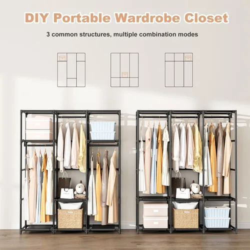 Miniatura 6 de Armario portátil para colgar ropa, perchero de gran capacidad con tapa, 3 varillas para colgar, 6 estantes y 8 bolsillos, armario fuerte y estable