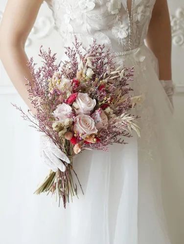 Miniatura 4 de Ramo de boda de rosas preservadas rosadas, Lovergrass, ramo de boda bohemio, ramo de hierba de pampa, ramo de flores secas, ramo de novia de 12 a 14