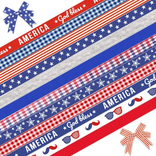 ALIBBON Cinta patriótica de 12 yardas de 3/8 pulgadas, cintas del 4 de julio para manualidades, decoración del día de la independencia, cintas de
