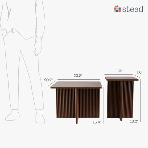 Miniatura 2 de Stead Mesas de centro cuadradas estriadas anidables, juego de mesa auxiliar de 2 piezas, escritorio moderno para bebidas para sala de estar, Nogal