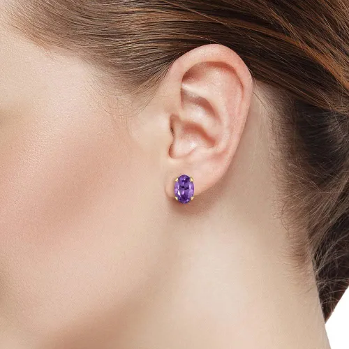 Miniatura 2 de Gem Stone King Aretes de tuerca de oro amarillo de 14 quilates con amatista morada para mujer