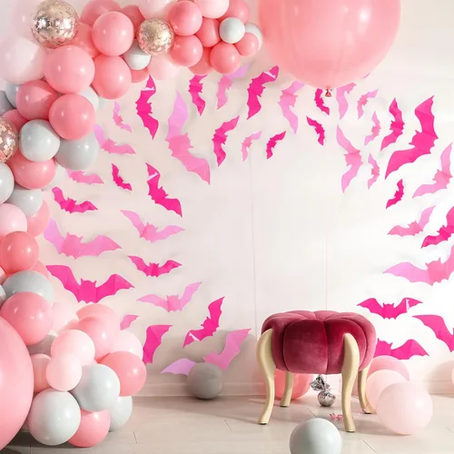 Miniatura 7 de Whaline 112 piezas de decoración de pared de Halloween, murciélagos 3D con adhesivo de espuma, rosa y rojo rosa, impermeables, calcomanías de Rosa