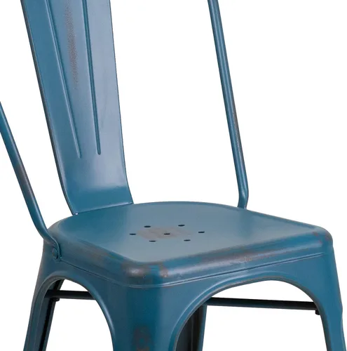 Miniatura 9 de Merrick Lane Banks - Silla apilable de comedor, marco de metal azul antiguo, acabado con recubrimiento en polvo envejecido, respaldo de listones