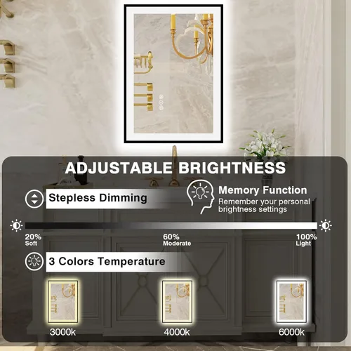 Miniatura 5 de EchosLife Espejos de baño LED de 20 x 28 pulgadas para pared, marco de aluminio negro (frontal y retroiluminado), espejo de tocador antivaho