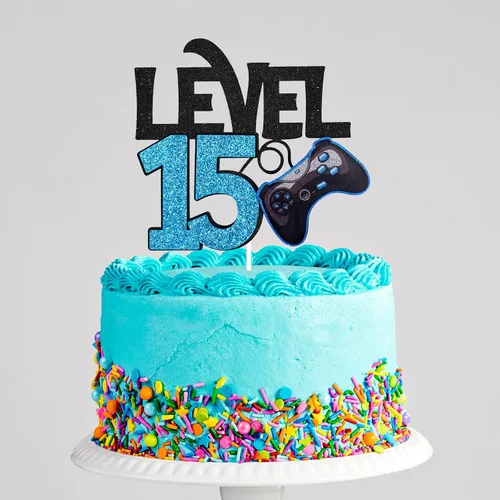 Miniatura 6 de Decoración para pastel de cumpleaños de nivel 15 – Videojuego de 15 cumpleaños para niño de 15 años, suministros de pastel azul – Decoración