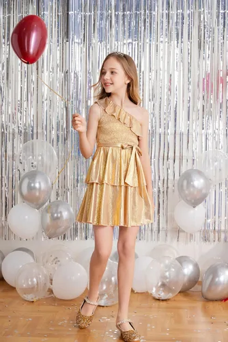 Miniatura 4 de Danna Belle Vestido de fiesta de verano para niñas, con un hombro, volantes, escalonado, ropa de regalo, tallas 5-14