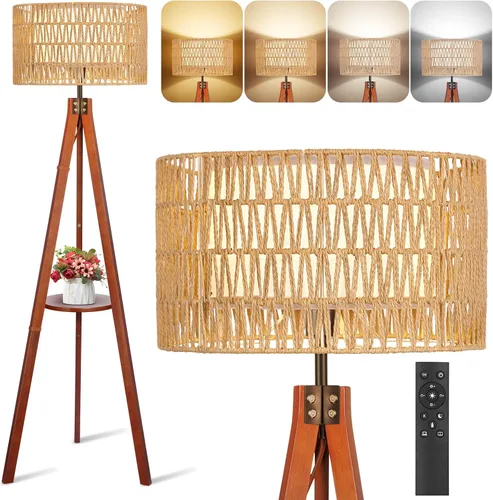 Miniatura 35 de OUTON - Lámpara de pie de trípode de madera con estantes, lámpara de pie de mediados de siglo con control remoto, 4 temperaturas de color, lámpara