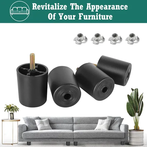 Miniatura 2 de Pernos de rosca métrica M8-1.25, patas de plástico para muebles de 2.4 pulgadas, patas de sofá redondas negras cónicas con tuercas en T, repuesto