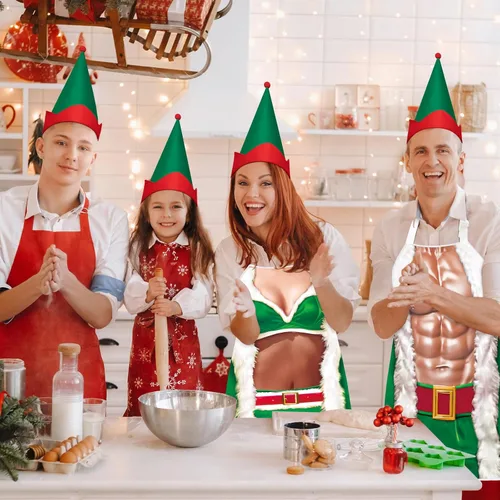 Miniatura 5 de 4 Piezas de Delantales de Navidad con Sombreros para Mujeres y Hombres, Delantales de Cocina Ajustables Divertidos para Cocinar para BBQ y Fiesta