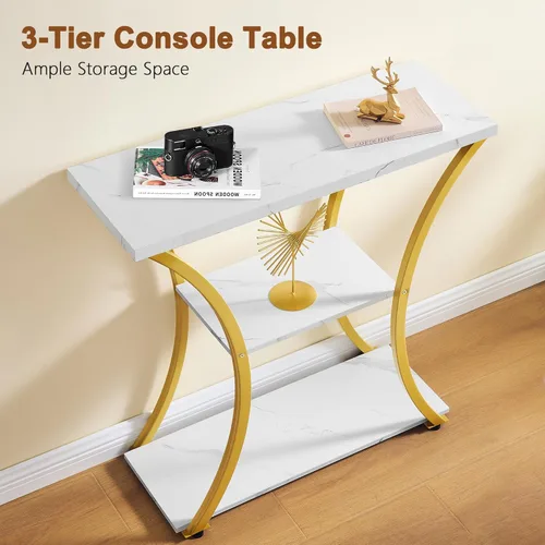 Miniatura 3 de Hoctieon - Mesa de recibidor de 3 niveles con estantes de madera abiertos, mesa decorativa para entrada con marcos curvos de metal, mesa de sofá